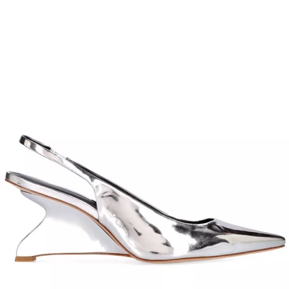 USED Reformation Metallic Silver Chrome Slingback Heels